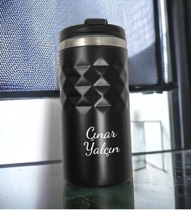 Kişiye Özel Baskılı Geometrik Desenli Siyah Renk Termos Bardak 300mL