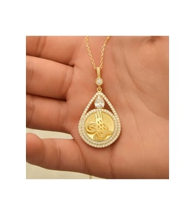 925 Ayar Gümüş Gold Kaplama Damla Tuğralı Kadın Kolye