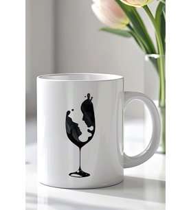 Minimal Şarap Kadehi Silüetli 330ml Baskılı Beyaz Seramik Kupa Bardak