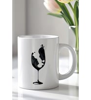 Minimal Şarap Kadehi Silüetli 330ml Baskılı Beyaz Seramik Kupa Bardak