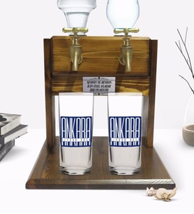 BK Gift Kişiye Özel Renkli Baskılı Ankara Tasarımlı İkili Rakı Bardağı ve Çift Musluklu Doğal Ahşap Rakı Standı-2 (Model 1)