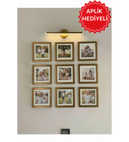 9'lu Baskı Dahil Paspartu Temalı 20x20 Cm(Dış Ölçü) Fotoğraf Çerçeve Seti, Kişiye Özel Duvar Çerçeve Seti (Aplik Hediyeli) (Gold)