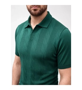 Erkek Yazlık Triko Dokuma Tişört Kısa Kol Polo Yaka T-Shirt - Koyu Yeşil