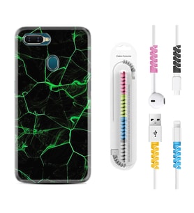 Oppo A5S A15 A16 A54 A55 A73 A74 Kılıf Kablo Koruma Spiral Silikon Yeşil Şerit Mermer 1320
