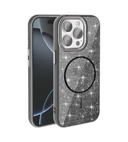Apple iPhone 15 Pro Max Uyumlu Kılıf M-safe Şarj Özellikli Parlayan Simli Zore Okso Kapak (Siyah)