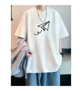 Baskılı Oversize Bisiklet Yaka T-shirt - Beyaz