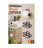 3’lü Siyah Metal Yapışkanlı Rulo Kağıt Tutucu Seti