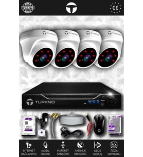 TURKNO 4 Kameralı Domia 4 İç Kamera Set 2 TB HDD Full HD Gece Görüşlü Güvenlik Kamerası Sistemi