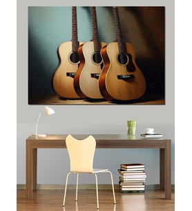 Duvara Yaslanmış Üç Akustik Gitar Dekoratif Kanvas - Mdf Ahşap Tablo