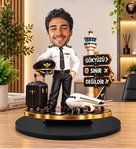 Kişiye Özel Pilot Biblosu – Fotoğraftan 3D Karikatür Kaptan Pilot Figürü, Uçaklı ve Valizli Havacılık Hediyesi