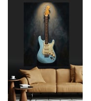 Siyah Fonda Parlayan Mavi Gitar Dekoratif Kanvas - Mdf Ahşap Tablo
