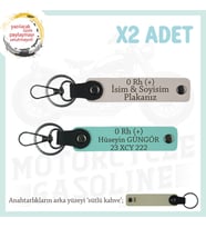 Motorcu Yolculara Özel, İsim Plaka ve 0 Rh (+) Kan Grubu Yazılı Deri x2 Anahtarlık, Pudra-Turkuaz-SK (Çok Renkli)