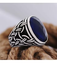 Lacivert Safir Kristal Kesim Taşlı Örme Desen Özel Seri Erkek Gümüş Yüzük