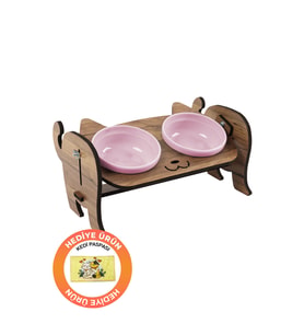 Ahşap Özel Isim Baskılı, Kedi Mama Seramik Su Kabı Standı Hediye Kedi Halısı (Pembe)