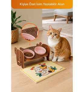 Ahşap Özel Isim Baskılı, Kedi Mama Seramik Su Kabı Standı Hediye Kedi Halısı (Pembe)