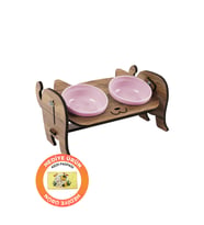 Ahşap Özel Isim Baskılı, Kedi Mama Seramik Su Kabı Standı Hediye Kedi Halısı (Pembe)