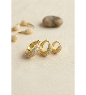 Gold Renk 3 lü Zirkon Taşlı Halka Küpe Set