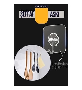 Mey İthalat® Şeffaf Yapışkanlı Askı, Mutfak Banyo Duvar Askısı, Çivisiz Pratik Kanca Seti