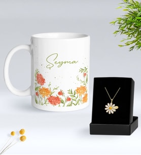 BK Gift Kişiye Özel İsimli Çiçek Tasarımlı Beyaz Kupa ve Papatya Kolye Hediye Seti - 4, Sevgiliye Hediye, Anneye Hediye, Arkadaşa Hediye