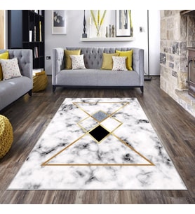 Beyaz Mermer Desenli Gold Detay Yıkanabilir Kaymaz Taban Leke Tutmaz Modern Salon Halısı ve Yolluk (Beyaz-Gri)