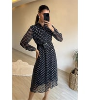 Neşeli butik kadın gömlek yaka puantiye desenli şifon elbise NM019 (Siyah)