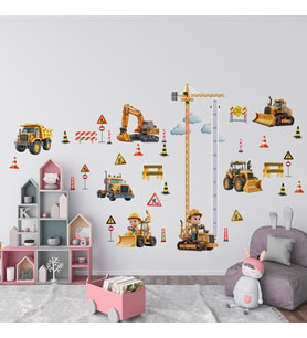 İş Makinası Temalı Boy Ölçerli Duvar Sticker Seti - Mat, Sökülebilir, Çocuk Odası Dekoru