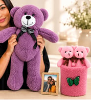 Kişiye Özel Fotoğraflı Büyük Boy Mor Peluş Ayıcık ve Peluş Saksıda Ayıcık Buketi Sevgiliye Hediye Seti