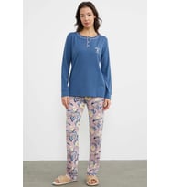 Düz Desenli Kombinli Pijama Takım - Indigo