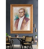 Altın Varaklı Çerçeveli Paspartulu Atatürk Tablo nh46 (Gold)