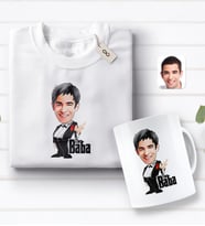 BK Gift Kişiye Özel Godfather Baba Karikatürlü Beyaz Tişört ve Kupa Seti-1 (Model 1)