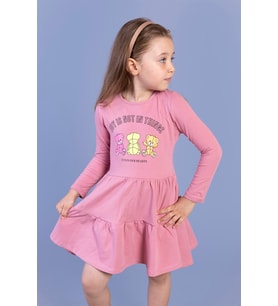 Toontoy Kız Çocuk Ayıcık Baskılı Elbise (Gül Kurusu)
