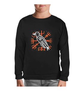 Raven Bird and Viking Sign Background Siyah Çocuk Sweatshirt