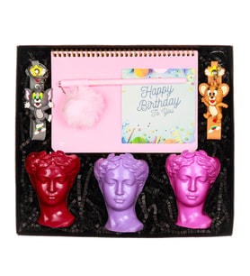 3'lü Pembe Helen Büst Mumlu Happy Birthday Hediye Kutusu