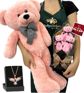 Fotoğraflı Hediye Seti - Renkli Anka Kuşu Kolyeli, 3'lü Ayıcık Buketli ve Pembe Peluş Ayıcıklı Set (Model 5)