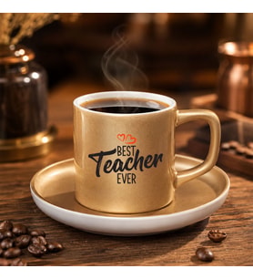 BK Gift En İyi Öğretmen Tasarımlı Mat Altın Türk Kahvesi Fincanı ve Tabağı-1