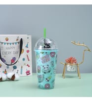 Panda Işıklı ve Pipetli Bardak, 450 ml, Buzlu ve Kapaklı, Yeşil, 20x8 (Yeşil)
