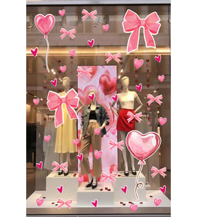 Pembe Kalp Balon Romantik Sticker Seti - Cam Mağaza Vitrin Duvar Süsleme Seti