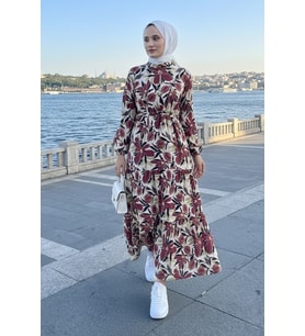 Çiçek Desenli Modal Elbise 1713 - Gül Kurusu