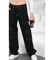 Kız Çocuk Siyah Ters Diliş Detaylı Denim Kargo Pantolon Kot Jean