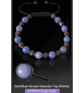 Sertifikalı Mat Hematitli Gerçek Mavi Kalsedon Taşı Bileklik - Ayarlamalı (Çok Renkli)