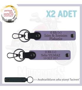 Motor Tutkunlarına, İsim Plaka ve 0+ Kan Grubu Yazılı Özel Üretim x2 Anahtarlık, Armağan, Mor-Laci (Çok Renkli)