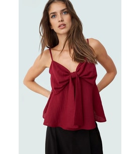 Fitted Kalıp Keten Görünümlü Kolsuz Bluz %100 Polyester Günlük Kullanım İçin (Koyu Kırmızı)