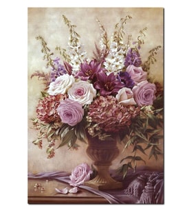 Ahşap Tablo Mermer Vazo Içindeki Karışık Çiçekler (50x70 Cm Boyut)