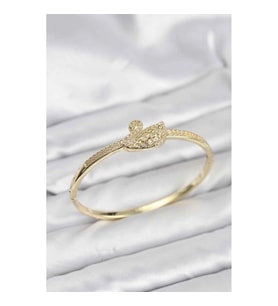 Mey İthalat® Pirinç Gold Renk Zirkon Taşlı Kuğu Model Kadın Kelepçe Bileklik