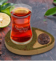 BK Gift Kişiye Özel Retro Motif Tasarımlı Doğal Ahşap Tabaklı Heybeli Çay Bardağı Sunum Seti Model 4