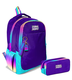 Coral High Kız Çocuk Rainbow Fermuarlı Mor İlkokul ve Ortaokul Sırt Çantası ve Kalemlik Seti
