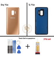 Samsung Galaxy S9 Gold Renk Arka Kapak + Tamir Seti + B7000 Yapıştırıcı Arka Cam Batarya Kapağı Pil Kapağı Lazer Kesim Back Cover Galaxy S9 Uyumlu