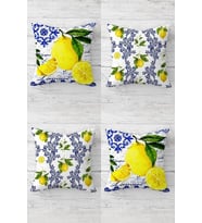 Limon Ve Limon Çiçekleri Desenli Gizli Fermuarlı Kırlent Kılıfı Koltuk Yastık Kılıfı Takım(4adet) (Sarı)