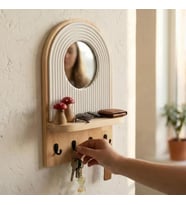 Aynalı Ahşap Duvar Hol Anahtar Askısı, Minimalist Dekoratif Modern Anahtarlık (Natural)
