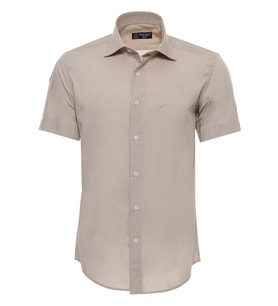 Kısa Kollu Terikoton Slim Fit Krem Erkek Gömlek - Wessi